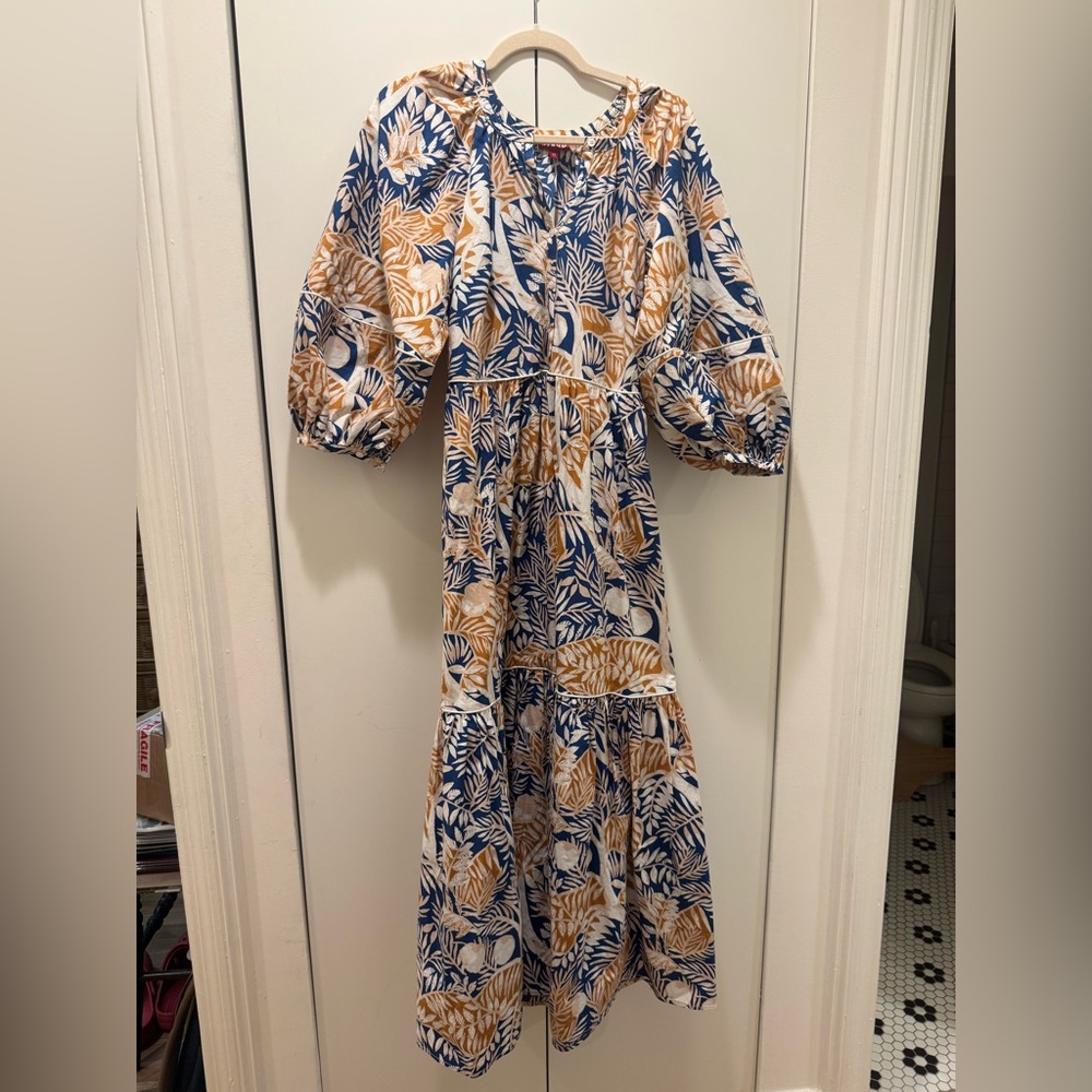 STAUD Blue and Orange Leaf Print Dress